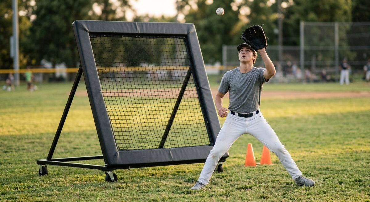 A young baseball outfielder turns and breaks to his left with his eyes on a ball in the air, having just thrown it into a large tilted-back All Ball Pro Elite XL rebounder behind him on an outfield grass field.