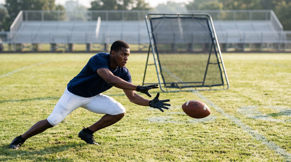 A wide receiver in plain practice gear reaches low and away from his body with pinkies together and eyes on the ball, catching a football frozen in mid-air at knee height, with a large angled steel rebounder on the grass behind him.