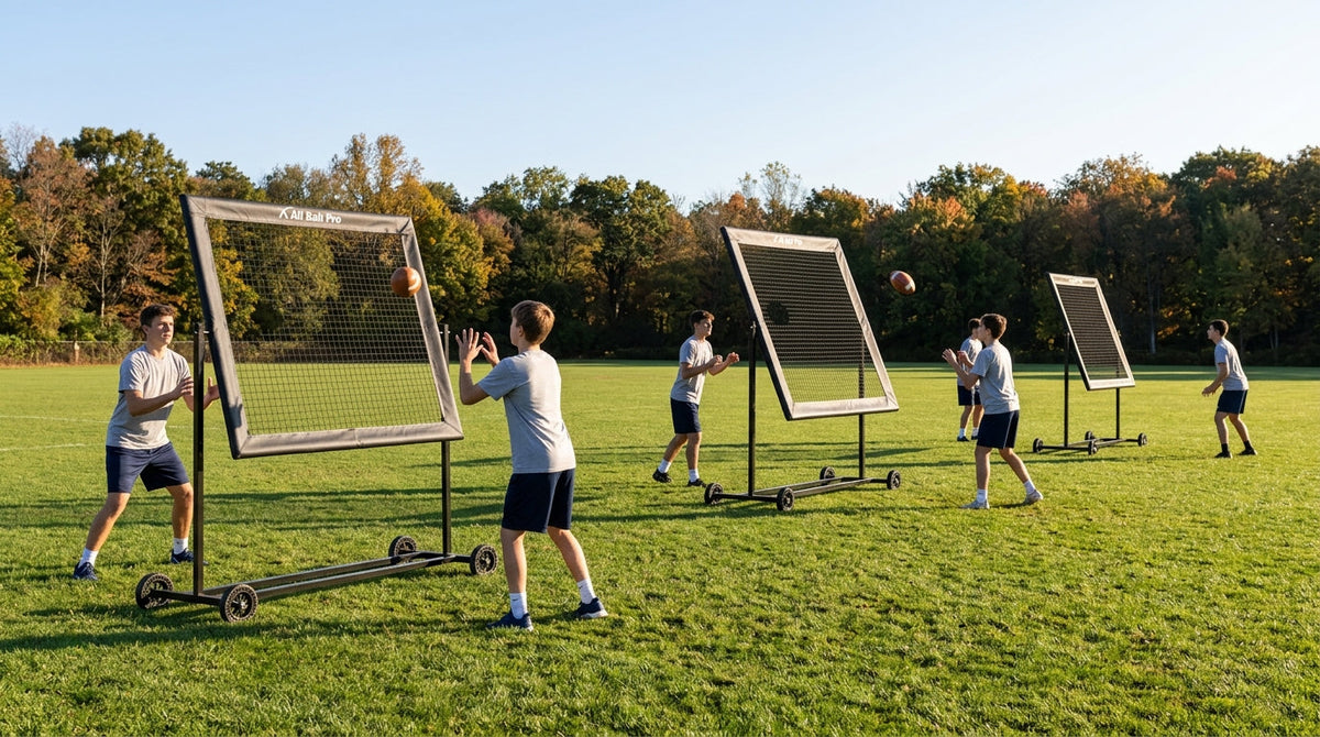 Three black All Ball Pro rebounders set up as separate stations across a grass practice field, each with a small group of athletes actively working rather than standing in line.