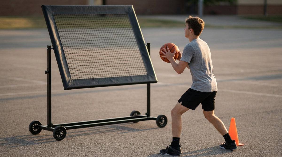 A teenage basketball player holds the ball chinned tight at chest height with elbows out, pivoting toward a cone target, with a tilted-back black All Ball Pro Premier XL rebounder behind him on an outdoor court.