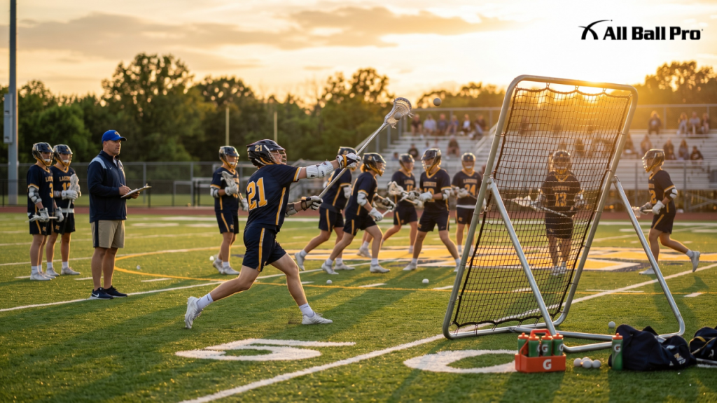 Lacrosse players drilling wall ball on a turf field at golden hour using a standing multi-sport rebounder for solo training